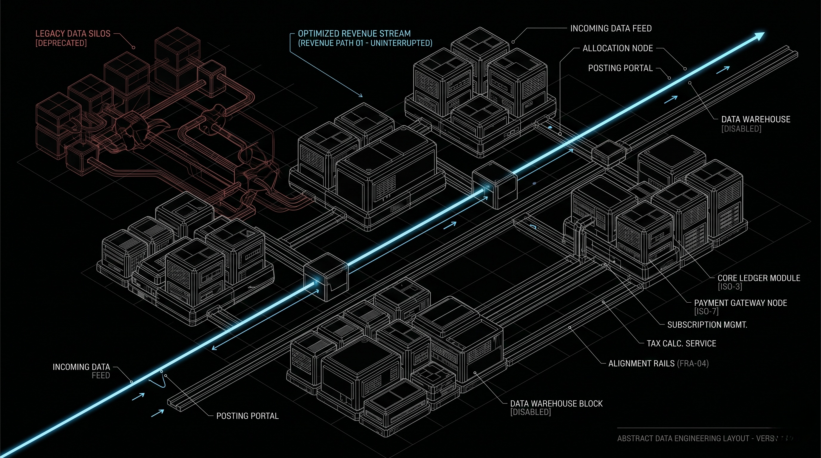 Blueprint d'architecture industrielle avec blocs d'acquisition modulaires alignés et sans friction